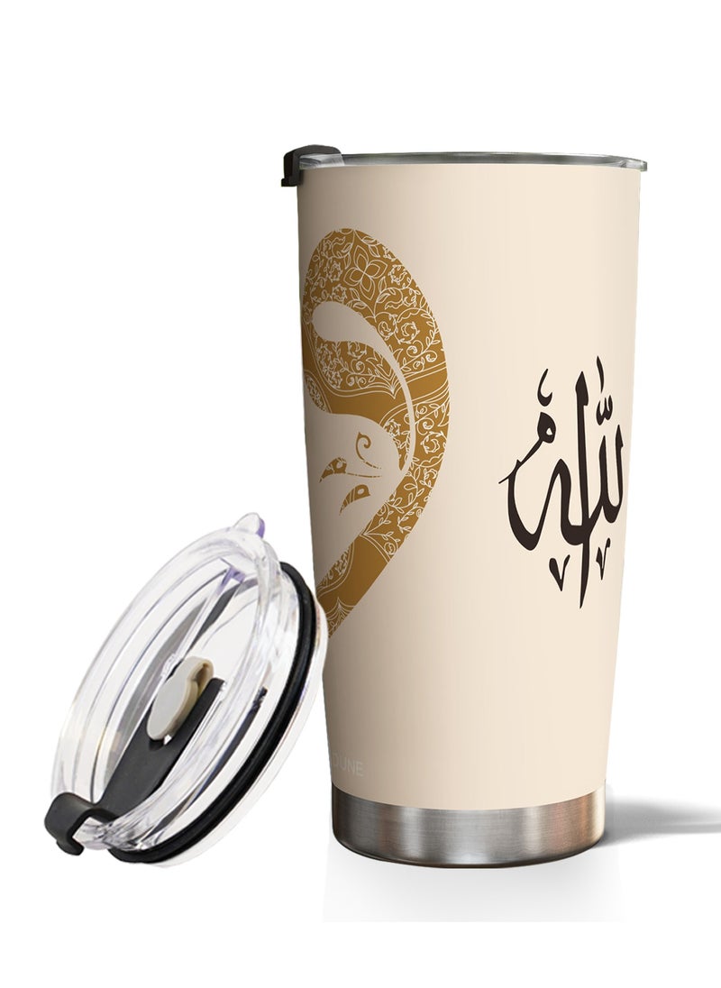 GALADUNE Stainless Steel Travel Coffee Mug, Double Wall Vacuum Insulated, 20 Ounces, Suitable for Iced or Hot Drinks, Light brown calligraphy  - Image 1