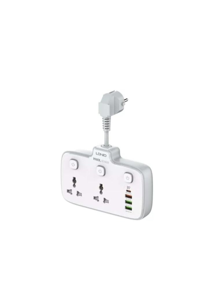 LDNIO Ldnio. SC2413 Universal Outlets Power Strip Tower 20W, 2 Power Sockets, 3 USB Ports, PD Ports With Power Buttons - White  - Image 1