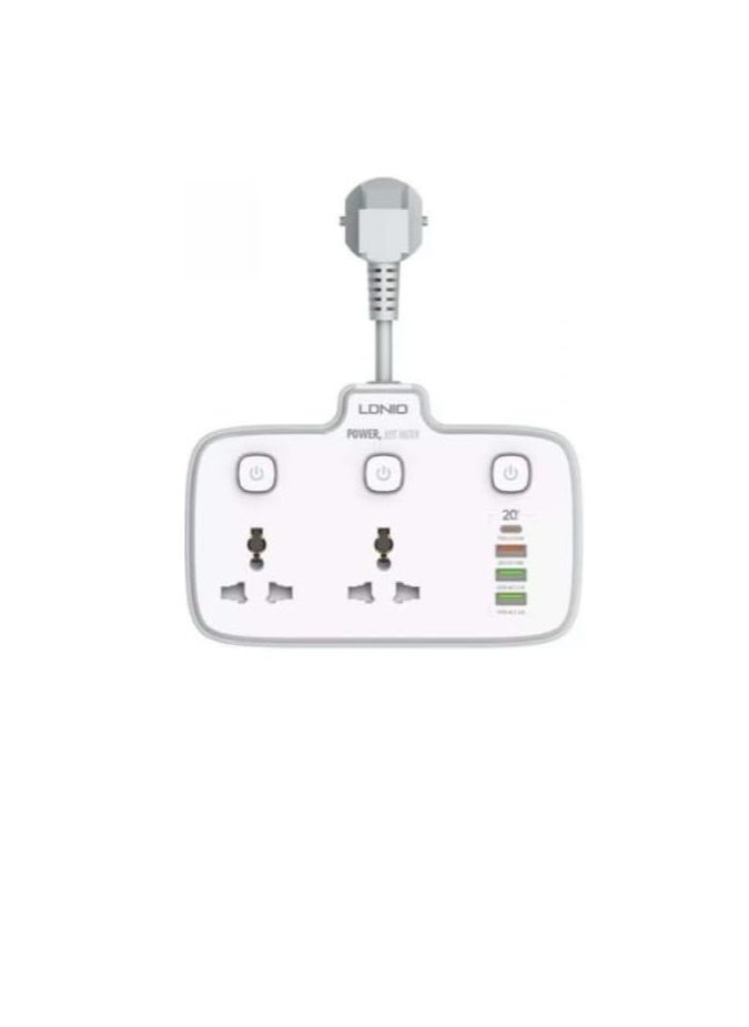 LDNIO Ldnio. SC2413 Universal Outlets Power Strip Tower 20W, 2 Power Sockets, 3 USB Ports, PD Ports With Power Buttons - White  - Image 3