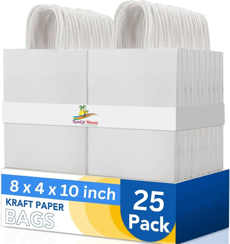 RanGit Bhumi® Gift Bags- 25pcs 8x10x4 inch White Paper Bags for Return Gift Shopping Retail Paper Carry Bags, Small Party Favor gifting Covers, Disposable, Recyclable (8x10x4 in White, Pack of 25) - Image 1
