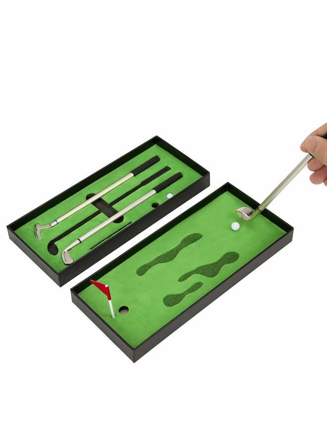 LANTOOZI Mini Desktop Golf Ball Pen Set, Top Golf Gift with Putting Green, 3 Golf Club Pens with Balls and Flag - Image 2