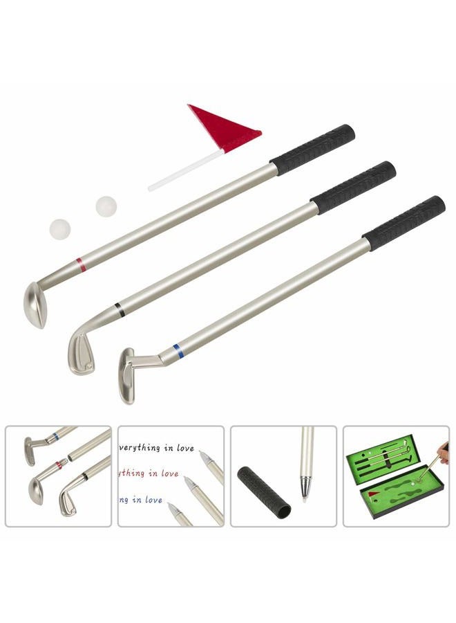 LANTOOZI Mini Desktop Golf Ball Pen Set, Top Golf Gift with Putting Green, 3 Golf Club Pens with Balls and Flag - Image 3