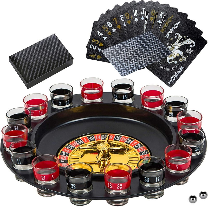 BETTERLINE Shot Glass Roulette Drinking Game and Poker Playing Cards Set - Spinning Wheel, 2 Balls and 16 Shot Glasses - Casino Adult Party Games - Image 1
