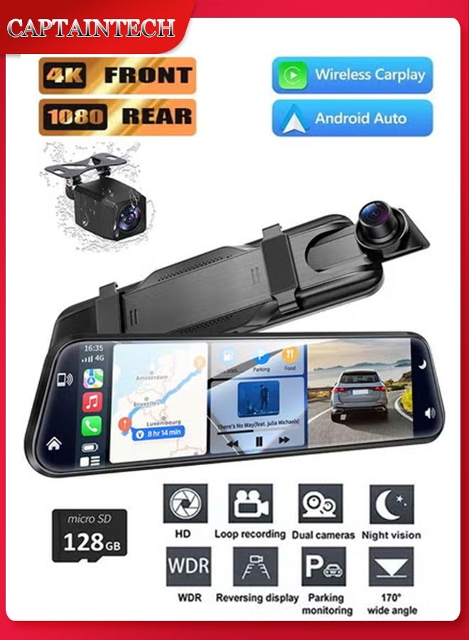 Captaintech Smart Mirror Dash Cam with Carplayu0026Android Auto,10 2.5K Rear View Mirror Camera with Voice Control for Carsu0026Trucks, Touch Screen/WDR/Parking Monitor/Reverse Assist/128GB Card Included - Image 1
