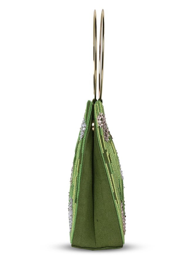 MARKQUES Beaded Embellished Handmade Green Batua Bag With Golden Ring Handles - Image 4