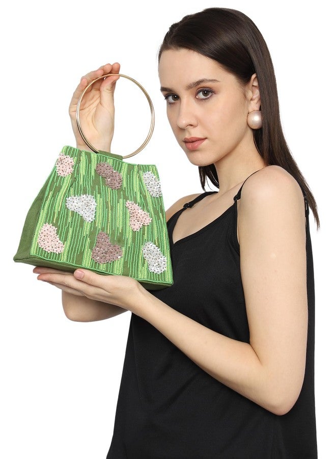 MARKQUES Beaded Embellished Handmade Green Batua Bag With Golden Ring Handles - Image 3
