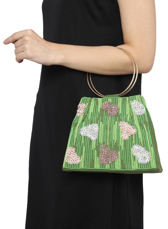 MARKQUES Beaded Embellished Handmade Green Batua Bag With Golden Ring Handles - Image 2