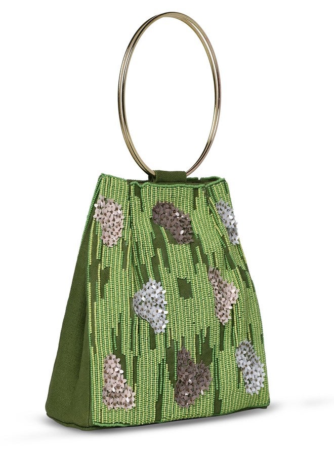 MARKQUES Beaded Embellished Handmade Green Batua Bag With Golden Ring Handles - Image 1