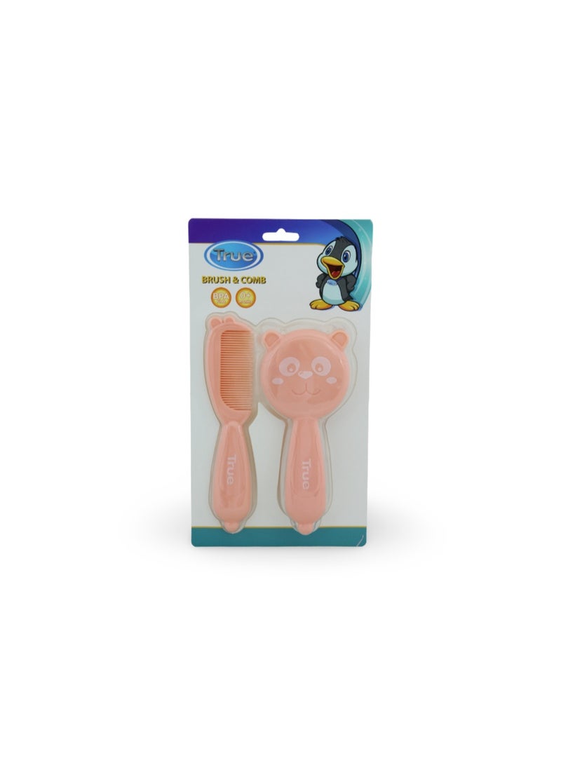 True Hair Brush and Comb Set – Pink with Teddy Bear Design - Image 1