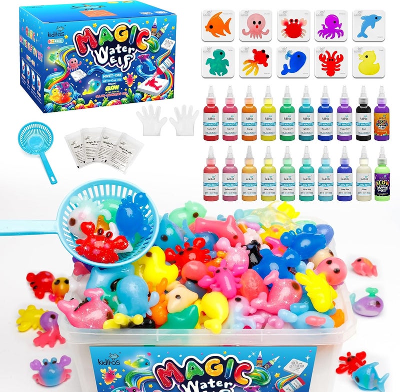 كيديتوس مجموعة ألعاب Kiditos Magic Water ELF بـ 20 لونًا، تشمل: جل سحري بـ 10 ألوان، جل سحري لامع بـ 10 ألوان، قوالب لشكل كائنات بحرية، 6 بيض ديناصور، مجموعة للتصميم الذاتي Water Spirt، هدايا لأعياد الميلاد من فئة الفنون والحرف اليدوية (STEM). - Image 1