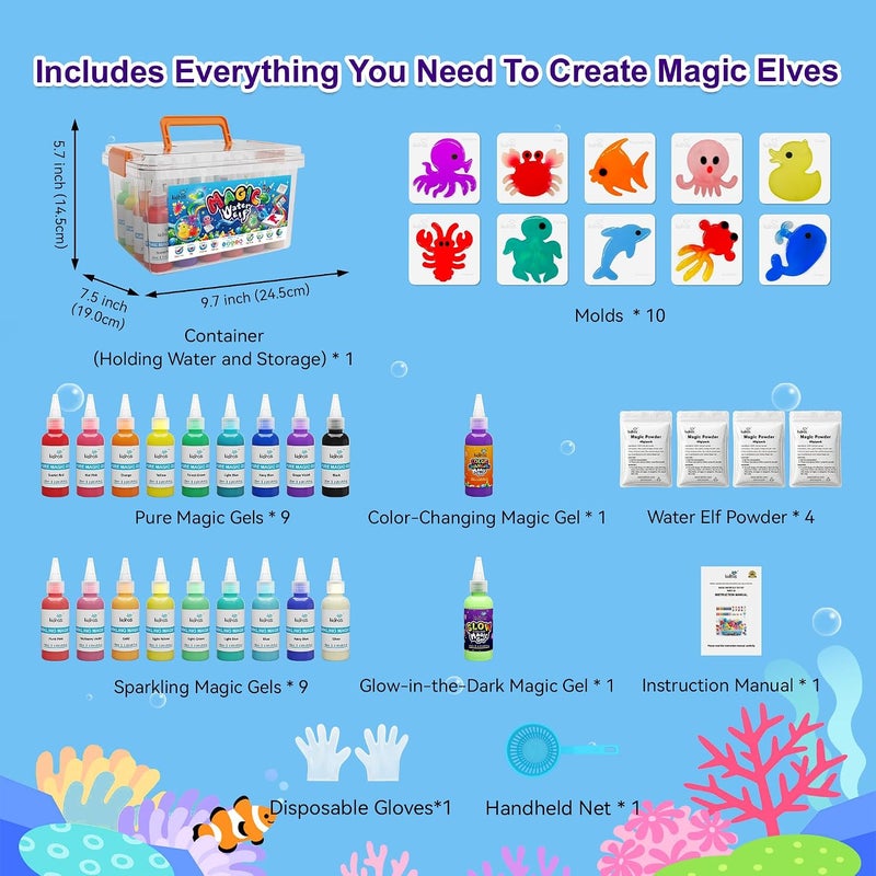 كيديتوس مجموعة ألعاب Kiditos Magic Water ELF بـ 20 لونًا، تشمل: جل سحري بـ 10 ألوان، جل سحري لامع بـ 10 ألوان، قوالب لشكل كائنات بحرية، 6 بيض ديناصور، مجموعة للتصميم الذاتي Water Spirt، هدايا لأعياد الميلاد من فئة الفنون والحرف اليدوية (STEM). - Image 4