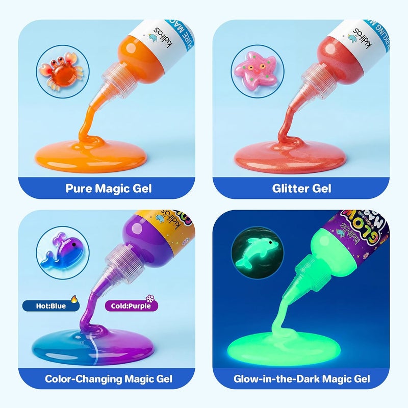 كيديتوس مجموعة ألعاب Kiditos Magic Water ELF بـ 20 لونًا، تشمل: جل سحري بـ 10 ألوان، جل سحري لامع بـ 10 ألوان، قوالب لشكل كائنات بحرية، 6 بيض ديناصور، مجموعة للتصميم الذاتي Water Spirt، هدايا لأعياد الميلاد من فئة الفنون والحرف اليدوية (STEM). - Image 3