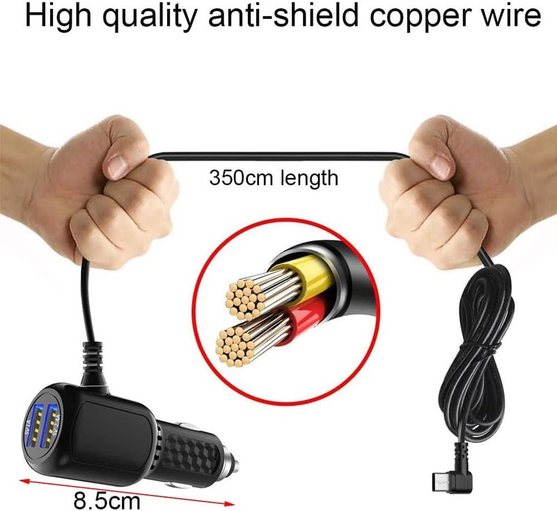 Gebildet 11.5ft/350cm Micro USB Power Cord Cable with Dual Port USB for Car Dashcam Camera Charger, Compatible with Dash Cam, GPS Sat Nator, MP3 Player, Digital Camera, Game Console - Image 5