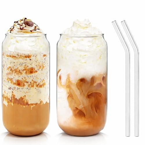 FOMQUAZLI Round Glass Can with Glass Straw Set of 2 Milk Soda Espresso Chocolate Beverage Mocha Cappuccino Shake Fruit Juice Mug Glass Beer Mason Jars 500ML - Image 1