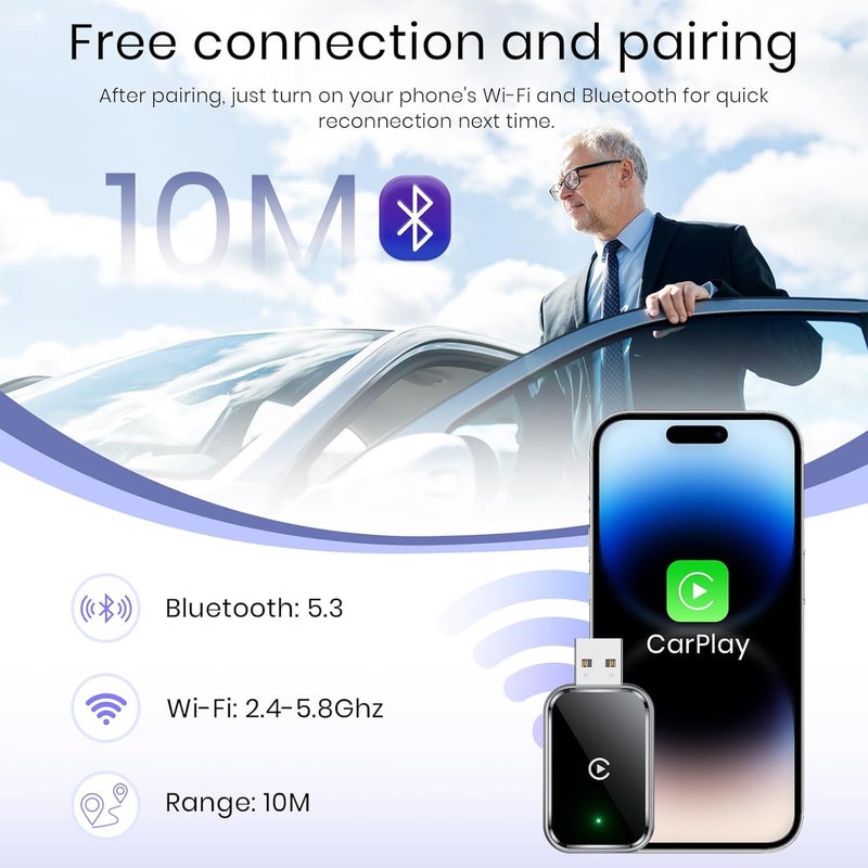 CPENSUS 2-in-1 Wireless Carplay Adapter Convert Wired to Wireless Apple ONLY | Quick Connection & Auto Reconnect | Bluetooth 5.0 & 5.8Ghz WiFi Only for OEM Installed (Only Apple) - Image 4