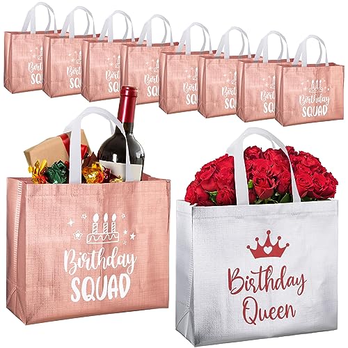 Clysee 10 Pack Reusable Birthday Squad Birthday Queen Gift Bag with Handle Large Tote Bag for Women(Silver, Rose Gold) - Image 1