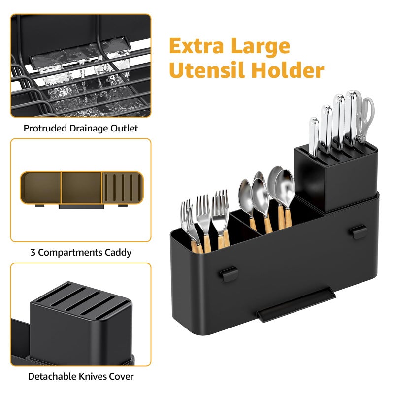 Urackify Large Dish Drying Rack â€“ Expandable Dish Rack for Kitchen Counter, Multifunctional Dish Drainer with Cup & Wine Glass Holder, 16.2"-26" L x 17" W, Black - Image 4