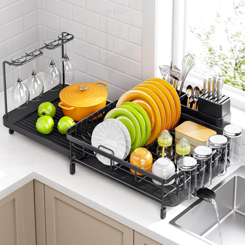 Urackify Large Dish Drying Rack â€“ Expandable Dish Rack for Kitchen Counter, Multifunctional Dish Drainer with Cup & Wine Glass Holder, 16.2"-26" L x 17" W, Black - Image 1