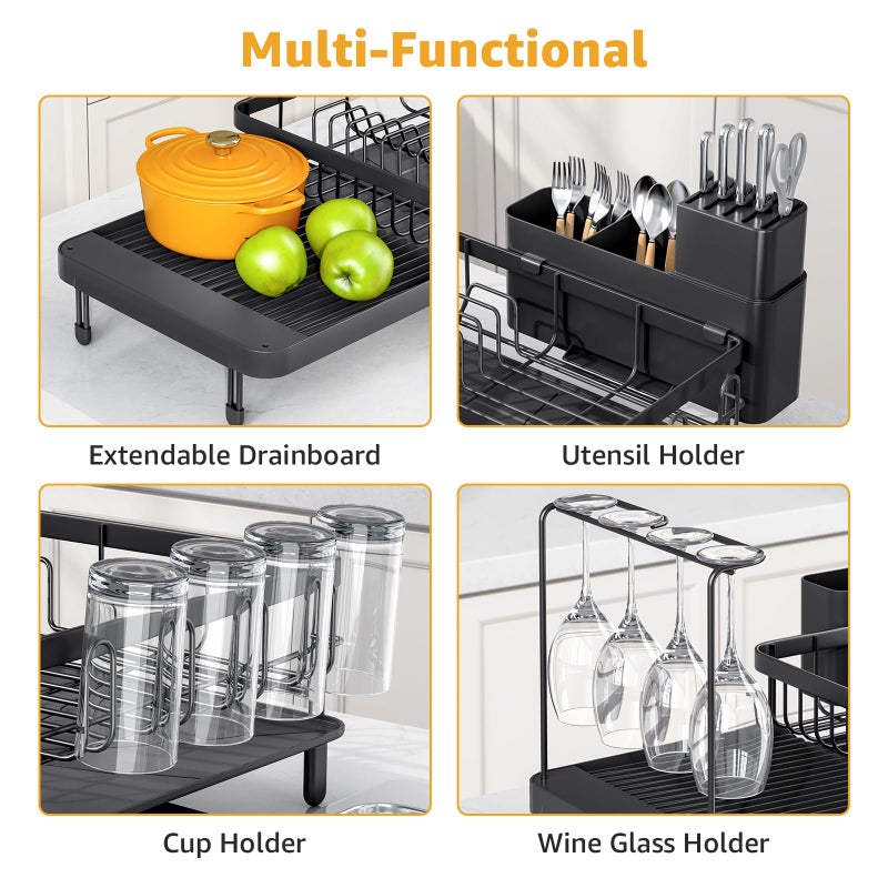 Urackify Large Dish Drying Rack â€“ Expandable Dish Rack for Kitchen Counter, Multifunctional Dish Drainer with Cup & Wine Glass Holder, 16.2"-26" L x 17" W, Black - Image 3