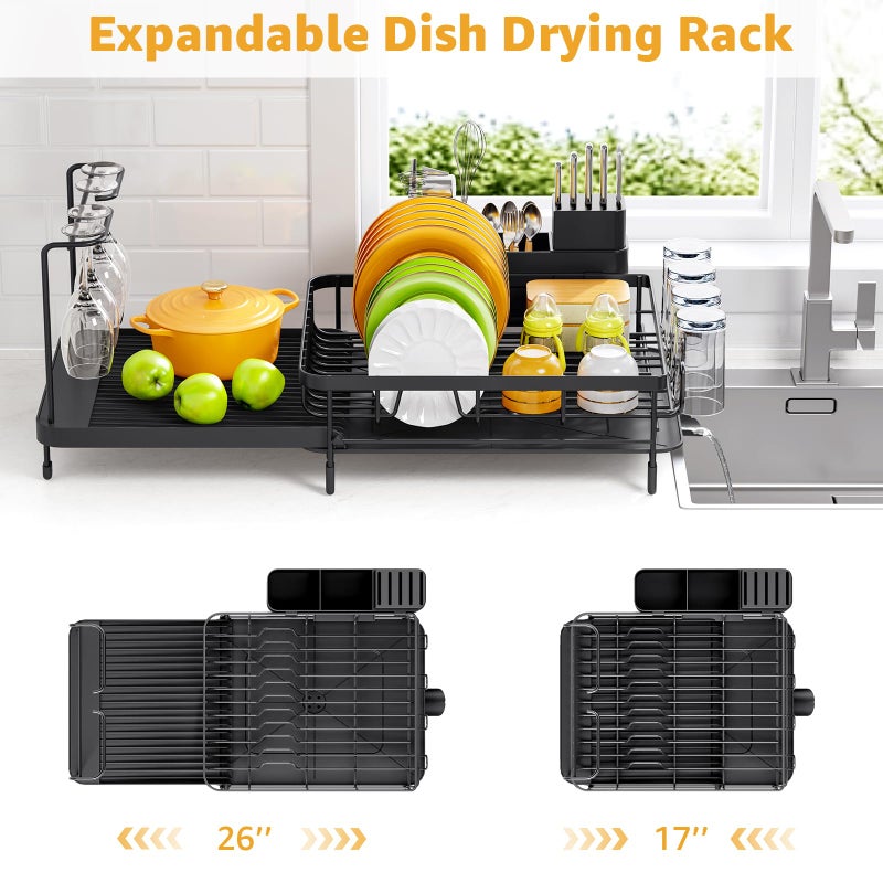 Urackify Large Dish Drying Rack â€“ Expandable Dish Rack for Kitchen Counter, Multifunctional Dish Drainer with Cup & Wine Glass Holder, 16.2"-26" L x 17" W, Black - Image 2