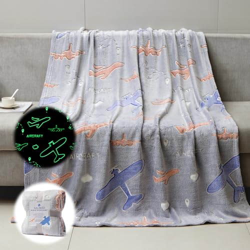 SALIMAH Glow in The Dark Blanket Airplanes Gifts for Boys GirlsToys for Girls Boys Age 2 3 4 5 6 7 8 9 10 Year Old Soft Kids Blankets Gifts for Grandkids Teens for Christmas Birthday 50x60 - Image 1