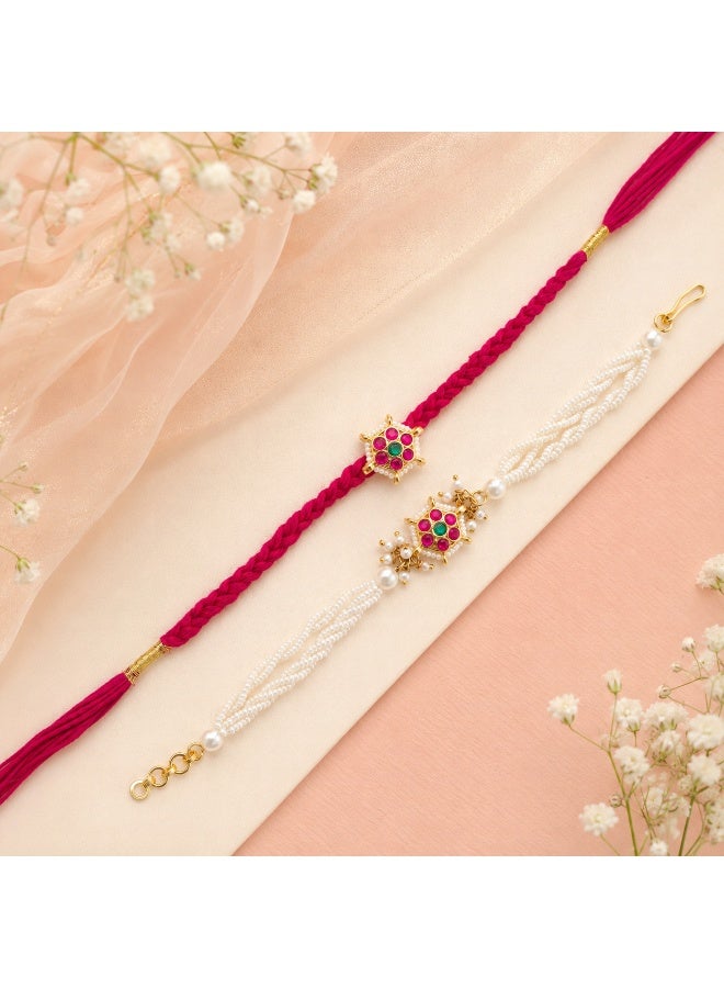 Bhaiya Bhabhi Rakhi Set - Red Thread & White Pearl Rakhis with Stone Embellishments