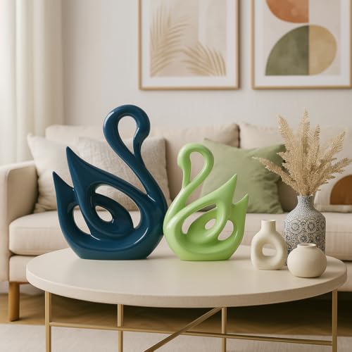 SRJANA Lucky Swan Couple Piano Finish Ceramic Figures for Home Decor (Set of 2 Pc, Large, Navy Blue & Parrot) - Image 1