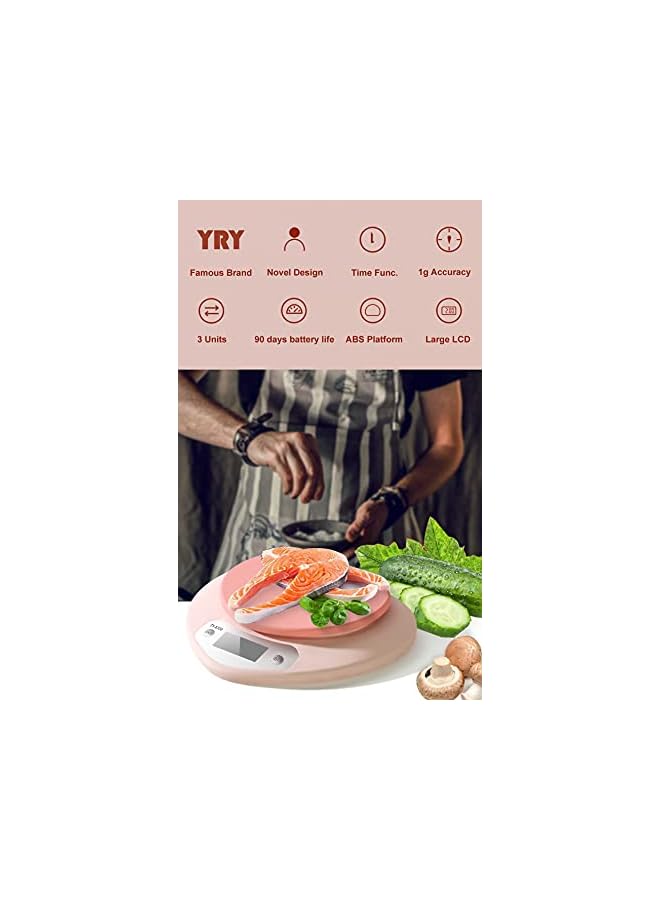 YRY ميزان مطبخ YRY الوردي - شاشة LCD كبيرة، وظيفة الطي، سعة 11 رطل (5 كجم)، تدرج دقيق 0.03 أونصة (1 جرام)، وحدات مل و أونصة للسوائل والصلب - ميزان طعام مثالي للخبز والطهي (5 كجم/1 جرام) - Image 3