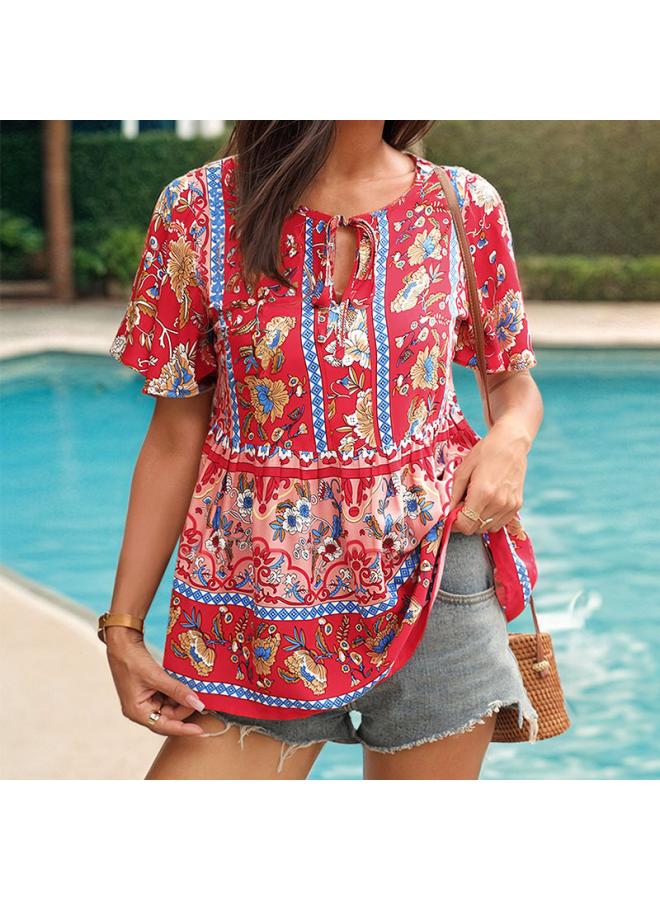 VUELO Summer New Women's Clothing European And American Casual Vacation Top Tie Printed Lotus-leaf Sleeve Shirt  - Image 1