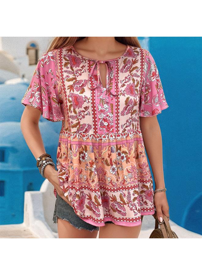 VUELO Summer New Women's Clothing European And American Casual Vacation Top Tie Printed Lotus-leaf Sleeve Shirt  - Image 4