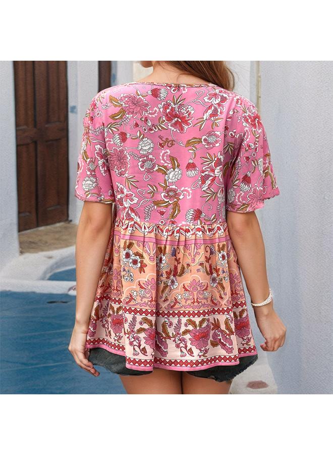 VUELO Summer New Women's Clothing European And American Casual Vacation Top Tie Printed Lotus-leaf Sleeve Shirt  - Image 2