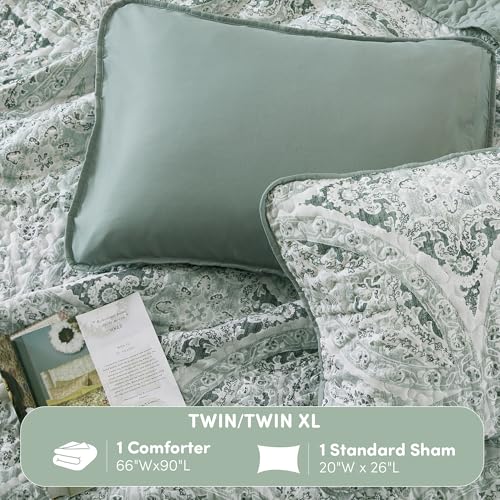 Comfort Spaces Boho Quilt Set Twin Reversible Vermicelli Quilting Twin Size Bed, All Season, Lightweight, Coverlet Winter Layer Bedding, Shams, Gloria, Twin/Twin XL Green 2 Piece - Image 4