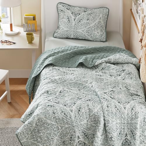 Comfort Spaces Boho Quilt Set Twin Reversible Vermicelli Quilting Twin Size Bed, All Season, Lightweight, Coverlet Winter Layer Bedding, Shams, Gloria, Twin/Twin XL Green 2 Piece - Image 1