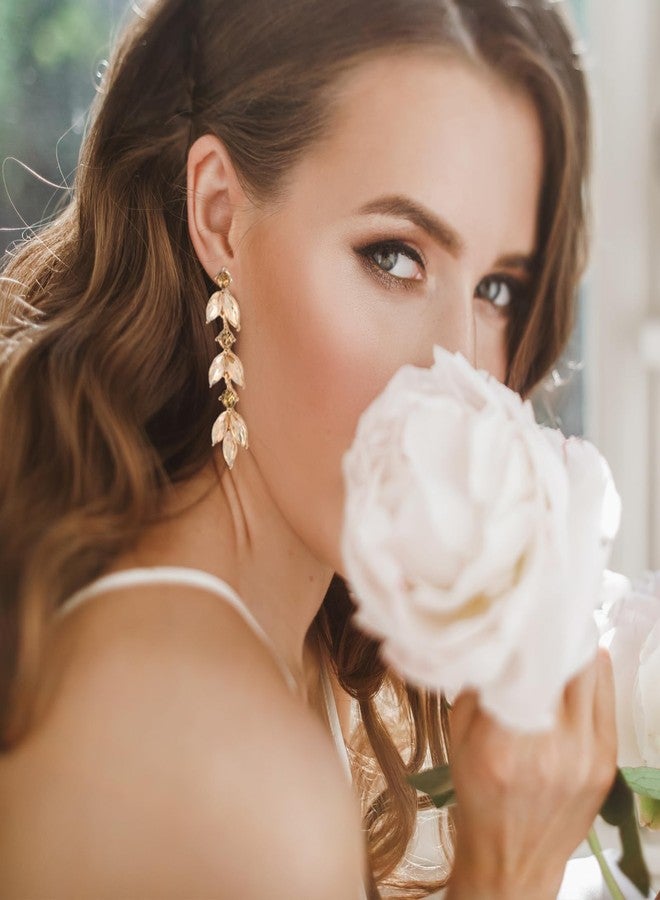 GAOKOXI Champagne Gold Wedding Rhinestone Dangle Earrings Elegant Bridal Crystal Drop Earrings for Women Bridesmaids Guest Party Prom - Image 2