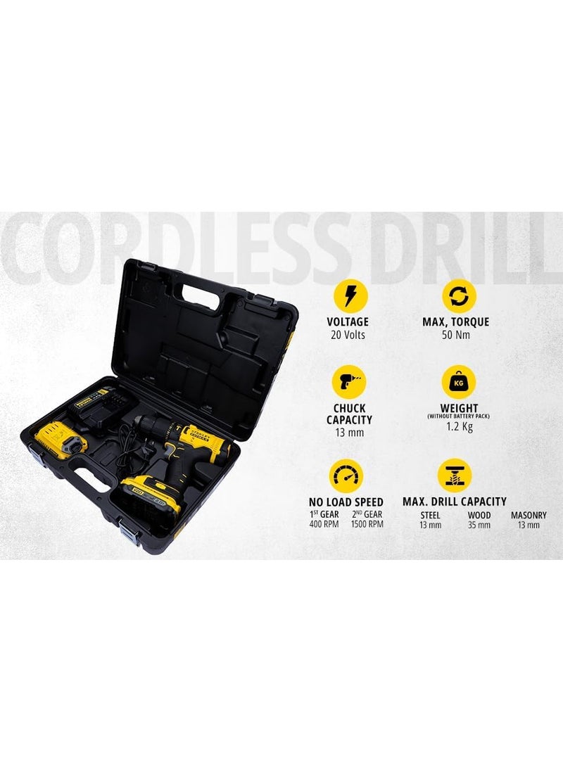 Stanley STANLEY FATMAX SCD711D2KAB1 20V 20Ah 13 mm Cordless Brushed Hammer Drill Machine With 100pcs Accessories Kit 2x20Ah Liion Batteries 1pc Charger  - Image 2