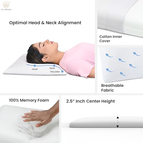 MY ARMOR Memory Foam Pillow of 2.5 Inch Height, Slim Orthopedic Pillow for Sleeping | 2 Years Warranty | with No Cover - Pack of 1 - Image 4