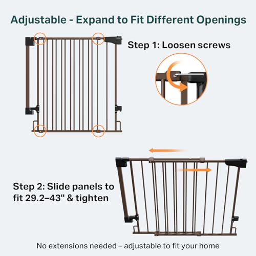 Cumbor 29.2–43" Baby Gate for Stairs, Hardware Mounted (Drill Required), Expandable No Bottom Bar Dog Gate, Auto Close Extra Wide Walk Thru, Pet & Toddler Proof Gate, Top & Bottom of Stairways (Brown) - Image 3