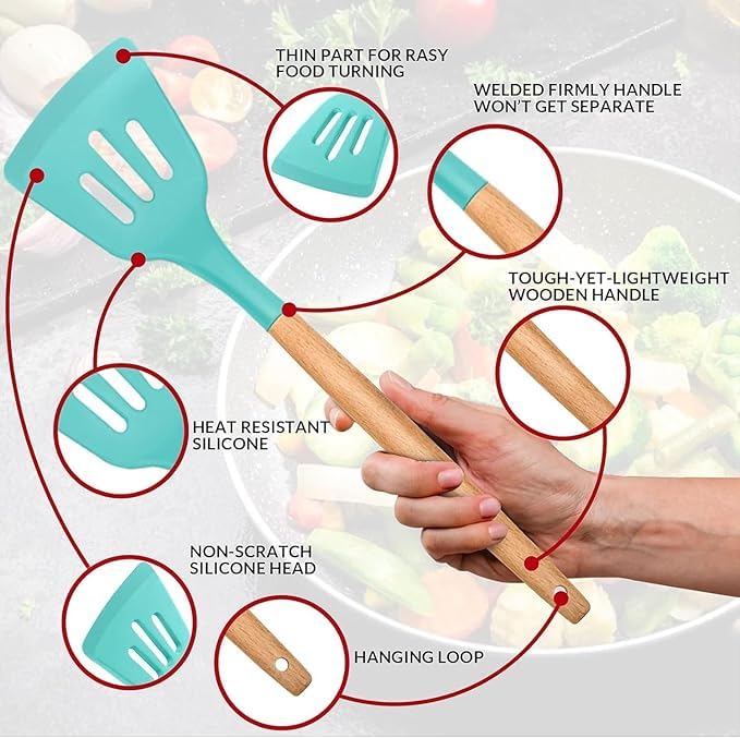 CARTEEO 12 Pcs Silicone Kitchen Utensils Spoon Spatula Cooking Set NonStick with Wooden Handle BPA Free Heat Resistant Item Flexible Non Toxic Silicon Cookware Tools with Holder Green - Image 4