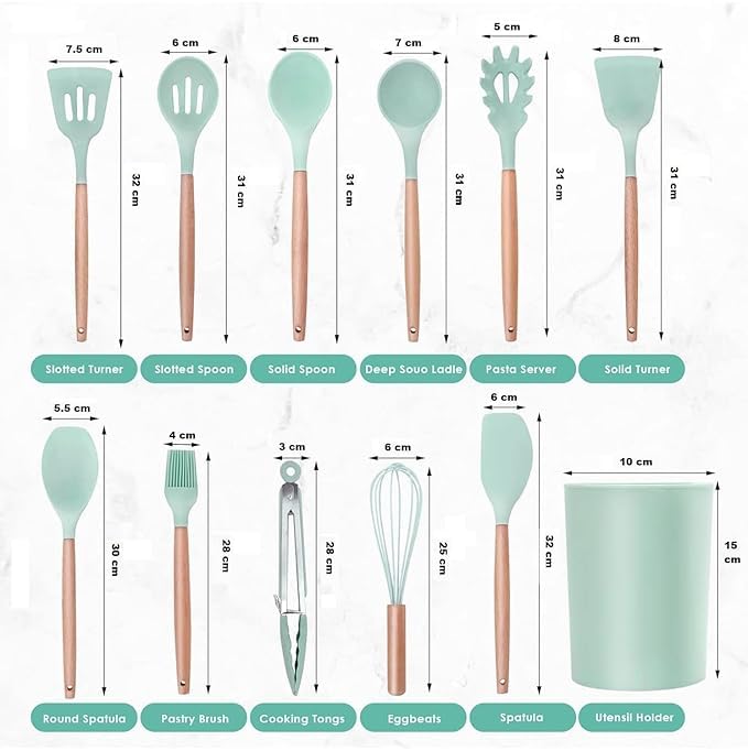 CARTEEO 12 Pcs Silicone Kitchen Utensils Spoon Spatula Cooking Set NonStick with Wooden Handle BPA Free Heat Resistant Item Flexible Non Toxic Silicon Cookware Tools with Holder Green - Image 2