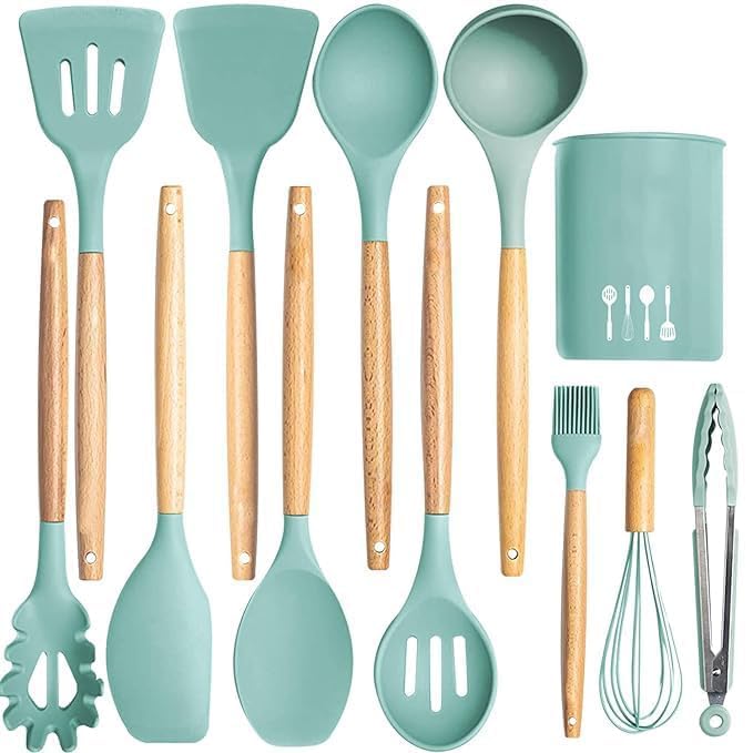 CARTEEO 12 Pcs Silicone Kitchen Utensils Spoon Spatula Cooking Set NonStick with Wooden Handle BPA Free Heat Resistant Item Flexible Non Toxic Silicon Cookware Tools with Holder Green - Image 1