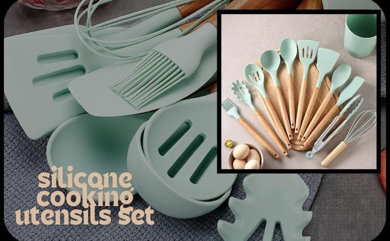CARTEEO 12 Pcs Silicone Kitchen Utensils Spoon Spatula Cooking Set NonStick with Wooden Handle BPA Free Heat Resistant Item Flexible Non Toxic Silicon Cookware Tools with Holder Green - Image 5