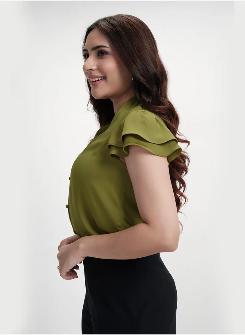 Zigzag Sleeve Flared Chiffon Vneck Top
