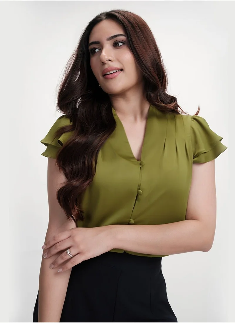 Zigzag Sleeve Flared Chiffon Vneck Top