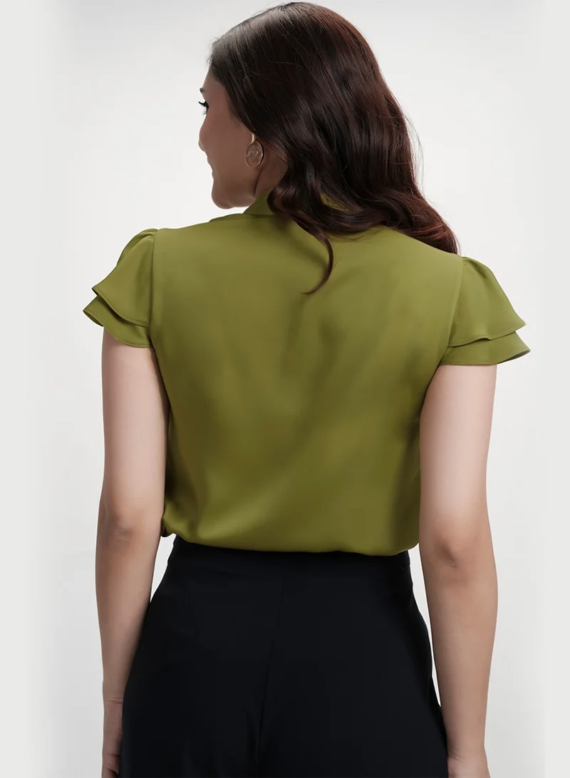 Zigzag Sleeve Flared Chiffon Vneck Top