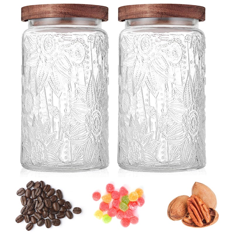 Custde Glass Storage Jars With Airtight Lid, 35oz Container For Kitchen Counter with Wooden Lid, brown sugar, candy, coffee, cookie, salt, tea, cute Jar (35oz Large Sunflower) - Image 3