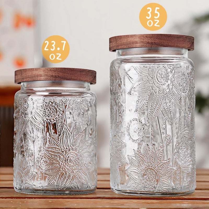 Custde Glass Storage Jars With Airtight Lid, 35oz Container For Kitchen Counter with Wooden Lid, brown sugar, candy, coffee, cookie, salt, tea, cute Jar (35oz Large Sunflower) - Image 4