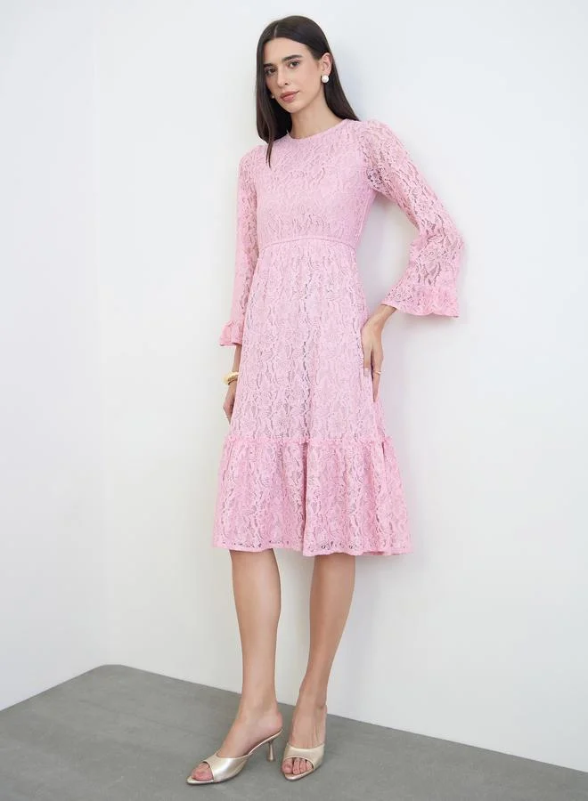 Styli Pink Lace Bell Sleeves A-Line Midi Dress
