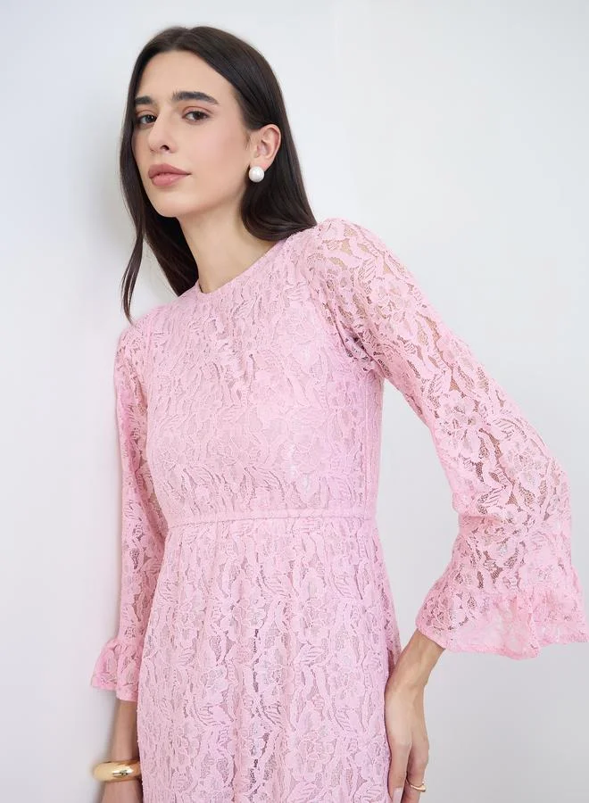 Styli Pink Lace Bell Sleeves A-Line Midi Dress