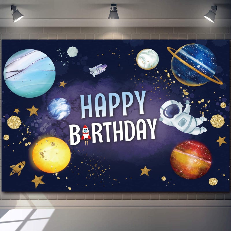 GAOTU Space Happy Birthday Backdrop Banner Galaxy Astronaut Rocket Background Solar System Planets Poster for Kids Boys Themed Party Decorations Back to School Supplies 5x3ft - Image 1