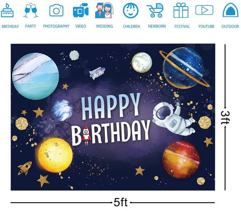 GAOTU Space Happy Birthday Backdrop Banner Galaxy Astronaut Rocket Background Solar System Planets Poster for Kids Boys Themed Party Decorations Back to School Supplies 5x3ft - Image 2